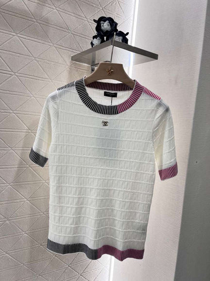 Chanel White Knit Top with Striped Collar & Cuffs