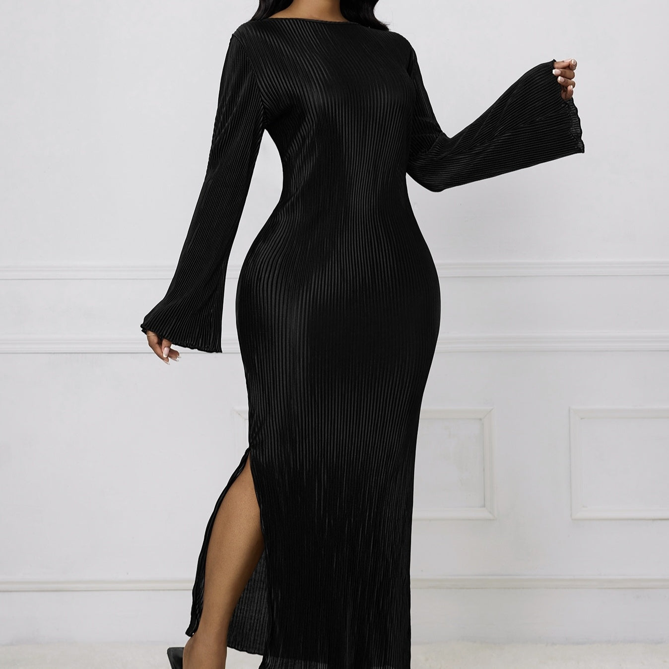 Autumn And Winter Flared Slit Elegant Long Sleeved Dress