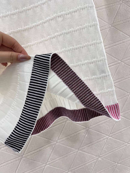 Chanel White Knit Top with Striped Collar & Cuffs