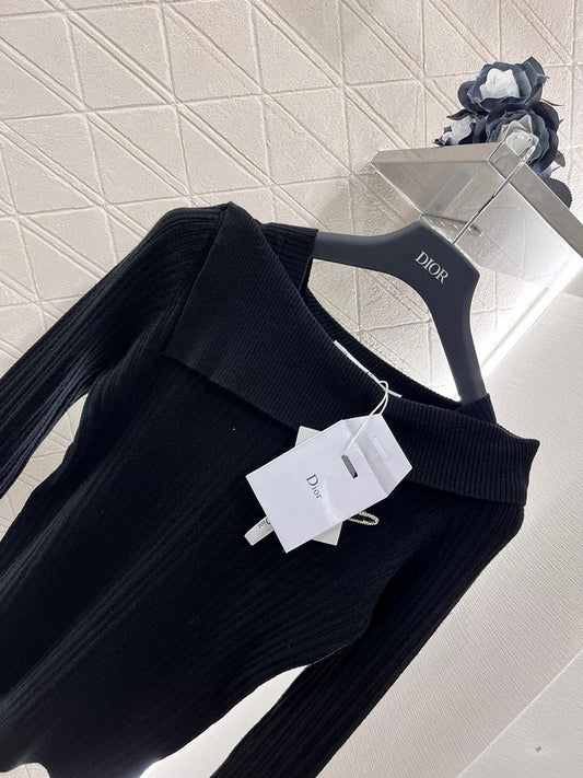 Dior Ribbed Knit Off-Shoulder Sweater – Black