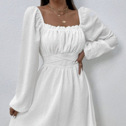 Elegant Solid Color Collar Lace Fold Waist A-list Dress