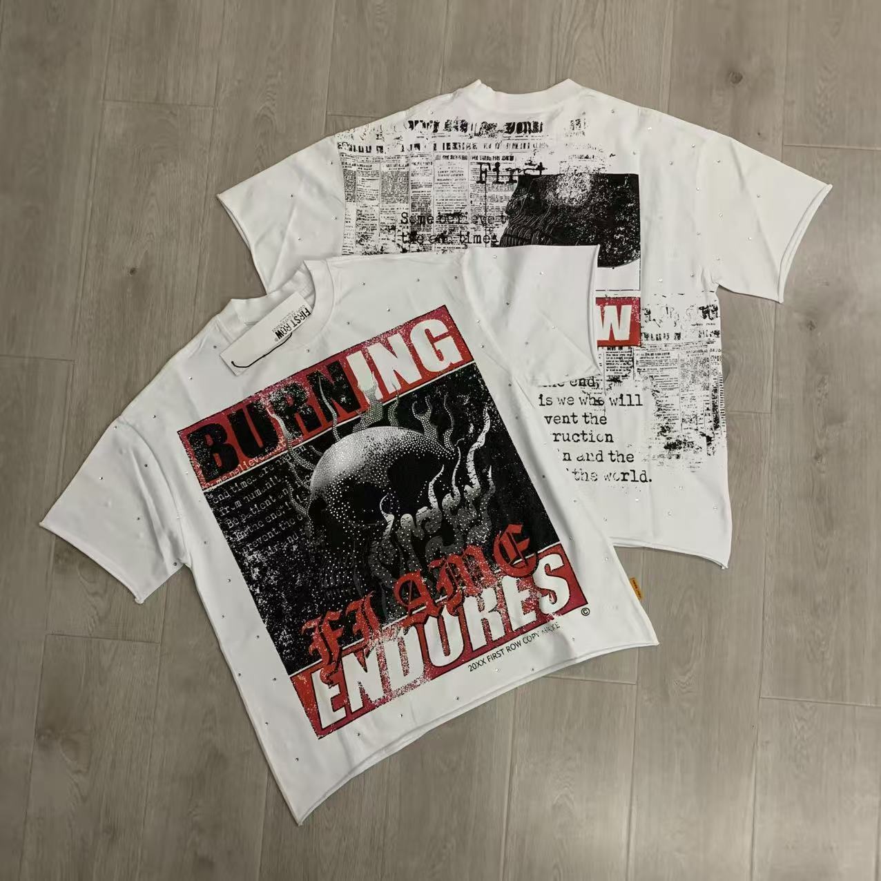 FIRST ROW Breaking News Burning Flames Cropped Tee