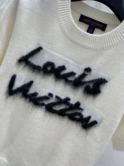 Louis Vuitton White Monogram Fuzzy Logo Knit T-Shirt