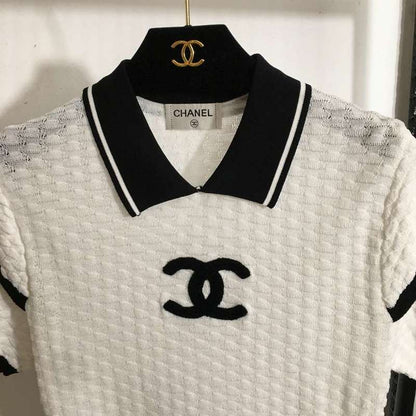 Chanel White Textured Polo Shirt with Black Trim