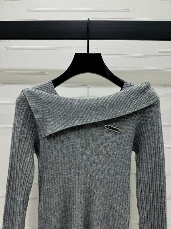 Versace Grey Ribbed Off-Shoulder Sweater with Safety Pin Detail