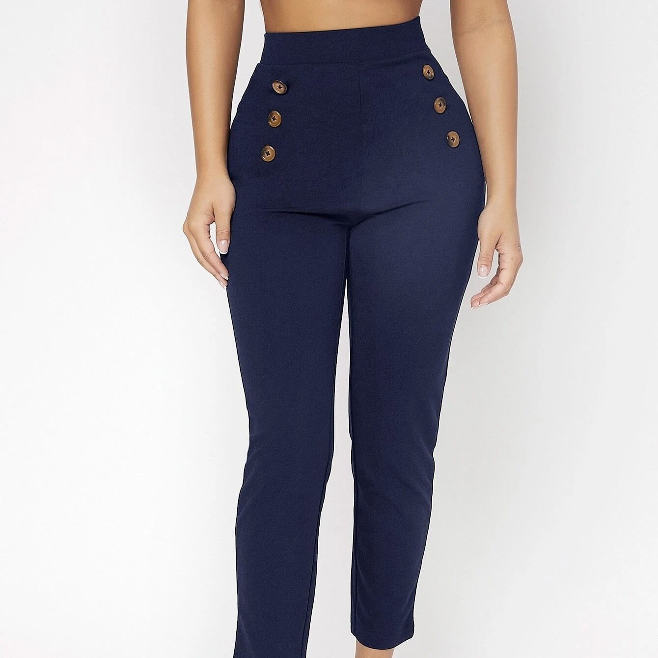 Retro Slim Fit Double Row Decoration Fake Button High Waisted Pants
