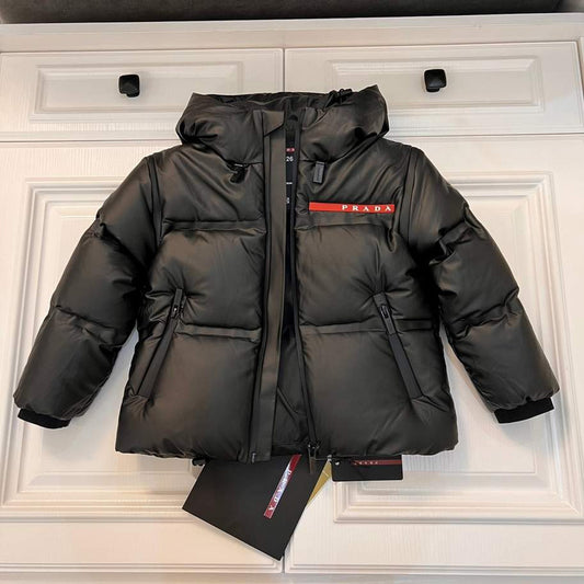 Prada Kids Black Puffer Jacket with Red Logo Strip