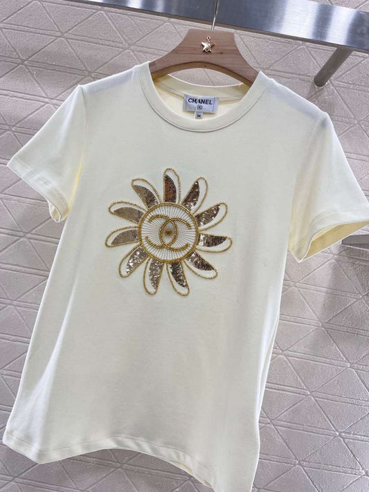 Chanel Ivory Sequin Sunflower T-Shirt