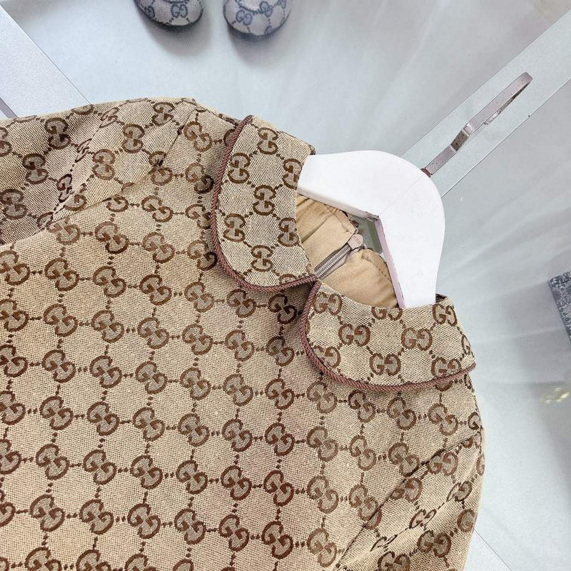 Gucci Kids Beige GG Monogram Dress with Peter Pan Collar