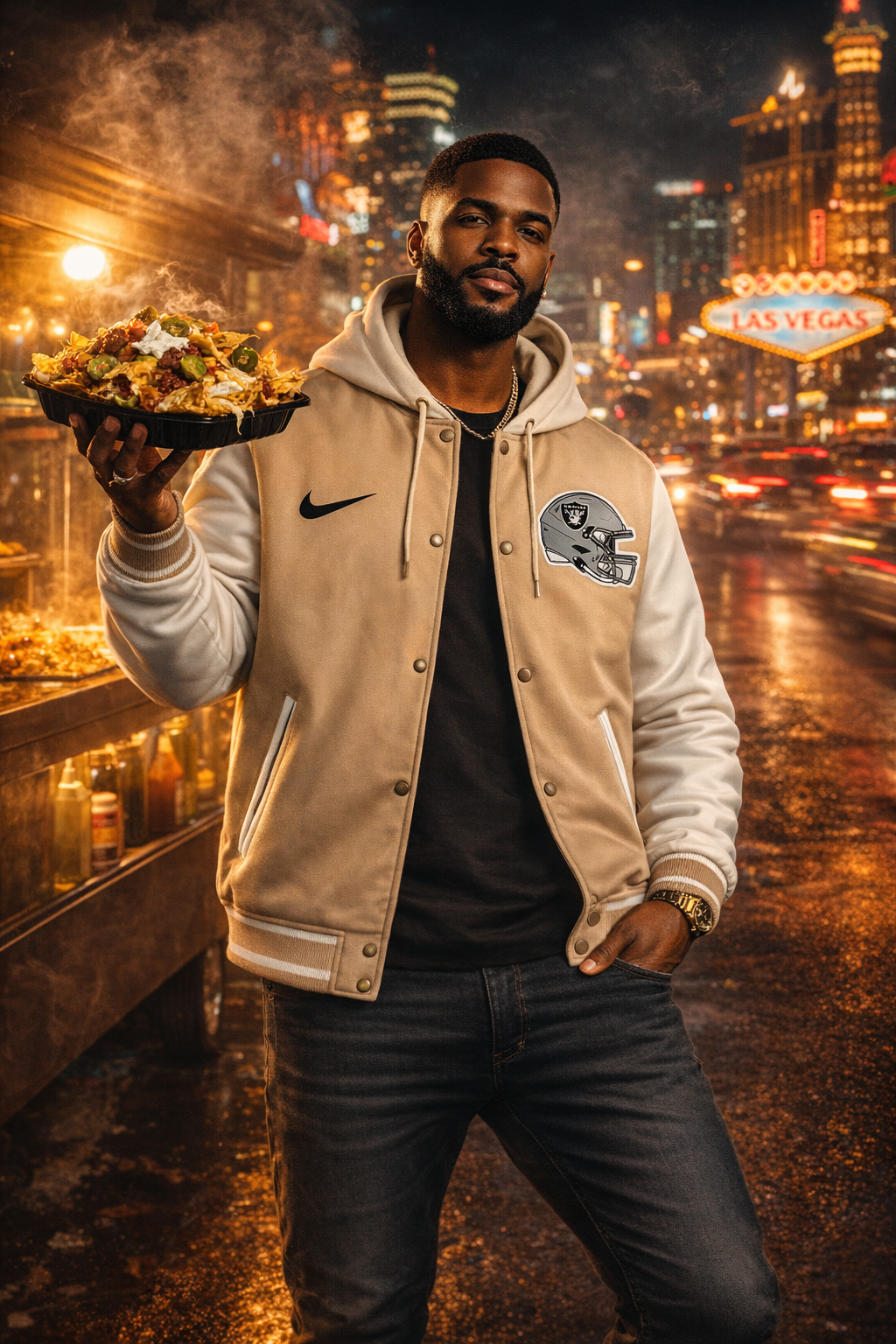 “Play Hard. Eat Nachos.” Hooded Varsity Jacket
