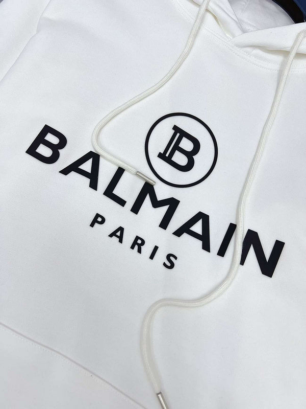 Balmain Paris Logo Print Hoodie – White