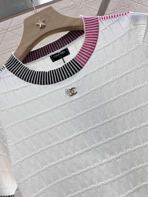 Chanel White Knit Top with Striped Collar & Cuffs