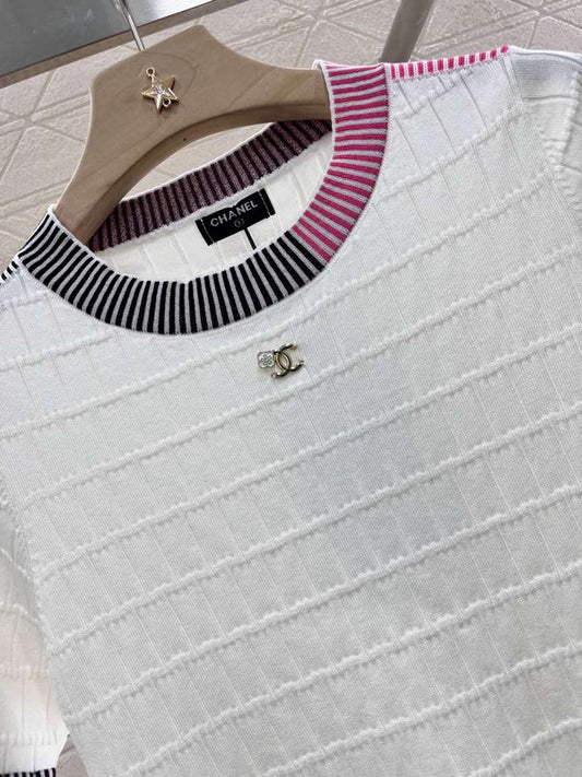 Chanel White Knit Top with Striped Collar & Cuffs