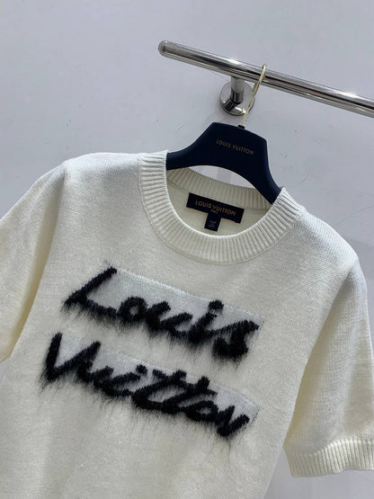 Louis Vuitton White Monogram Fuzzy Logo Knit T-Shirt