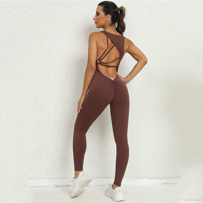 Yoga Jumpsuit V-shaped Back Design Sleeveless Fitness Tights Pants For Womens