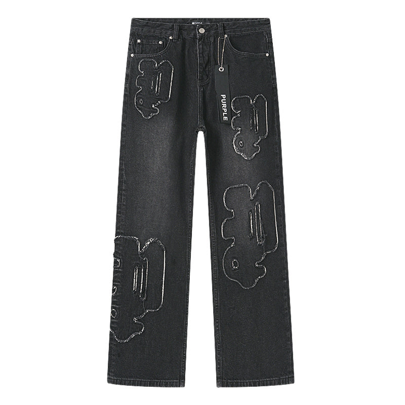 Washed Black Embroidered Straight-Leg Jeans