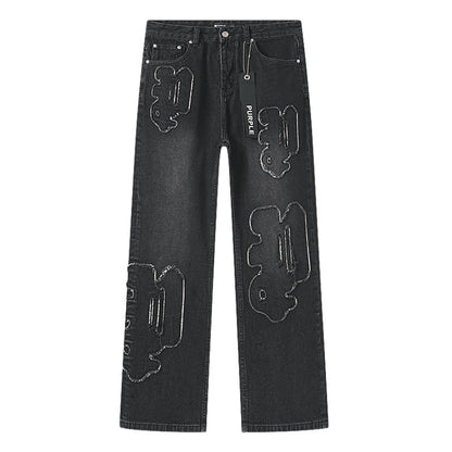 Washed Black Embroidered Straight-Leg Jeans