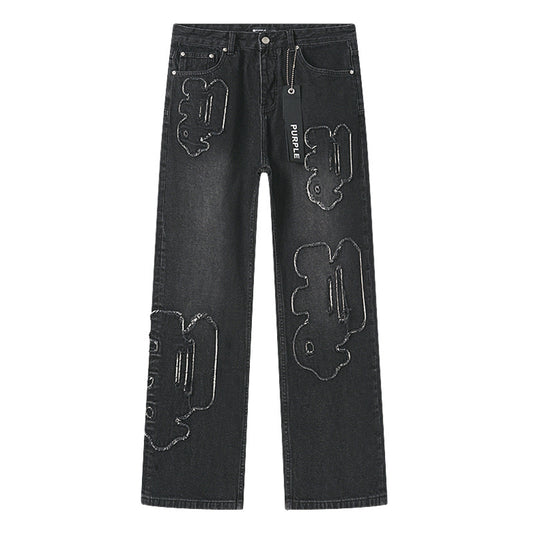 Washed Black Embroidered Straight-Leg Jeans