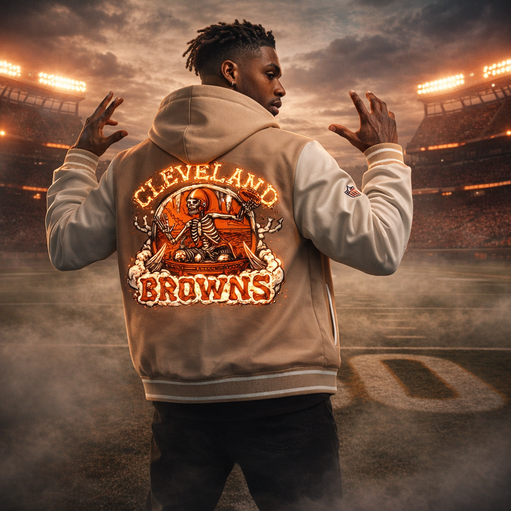 “Skeleton Stadium” Graphic Hooded Varsity Jacket