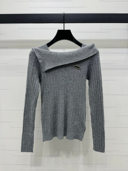 Versace Grey Ribbed Off-Shoulder Sweater with Safety Pin Detail