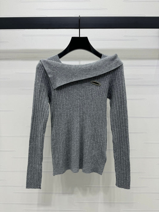 Versace Grey Ribbed Off-Shoulder Sweater with Safety Pin Detail