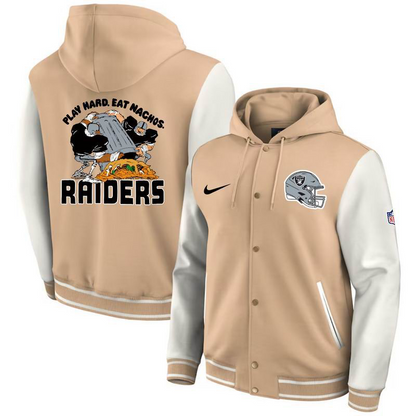 “Play Hard. Eat Nachos.” Hooded Varsity Jacket