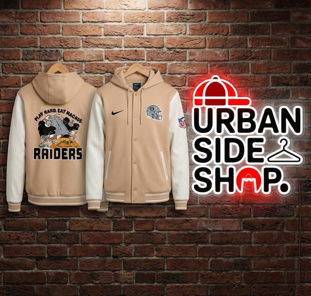 “Play Hard. Eat Nachos.” Hooded Varsity Jacket