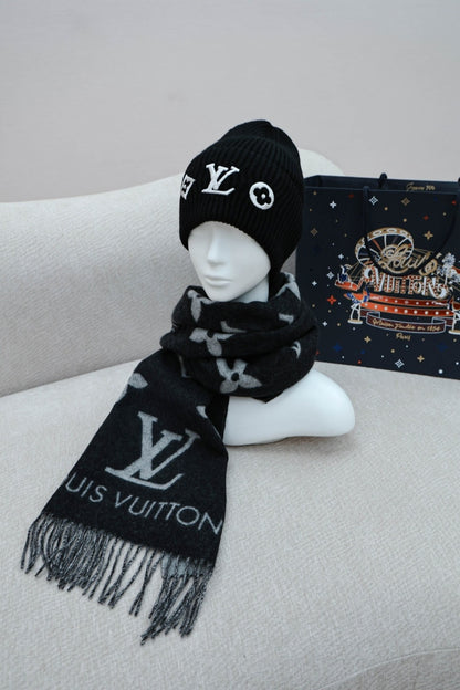 Louis Vuitton Monogram Wool Cashmere Scarf & Beanie Set – Noir Edition