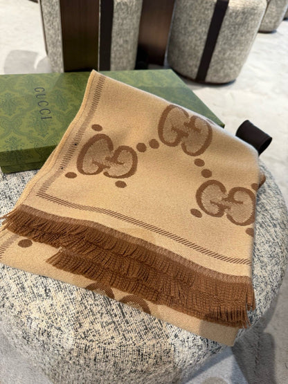 Gucci GG Reversible Wool Scarf – Mocha Beige Edition