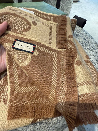 Gucci GG Reversible Wool Scarf – Mocha Beige Edition
