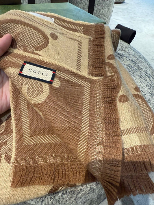 Gucci GG Reversible Wool Scarf – Mocha Beige Edition