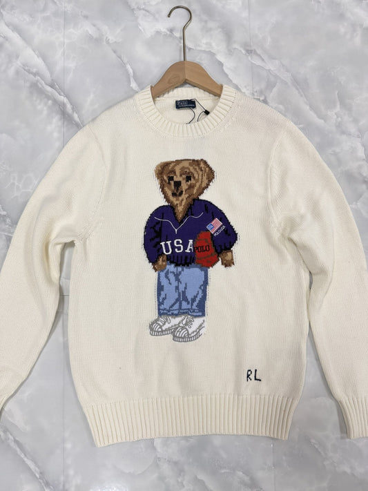Beige Ski Teddy Bear Embroidered Wool Knit Sweater