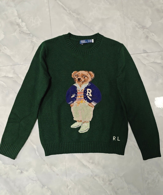 Green Winter Ski Teddy Bear Embroidered Wool Cardigan