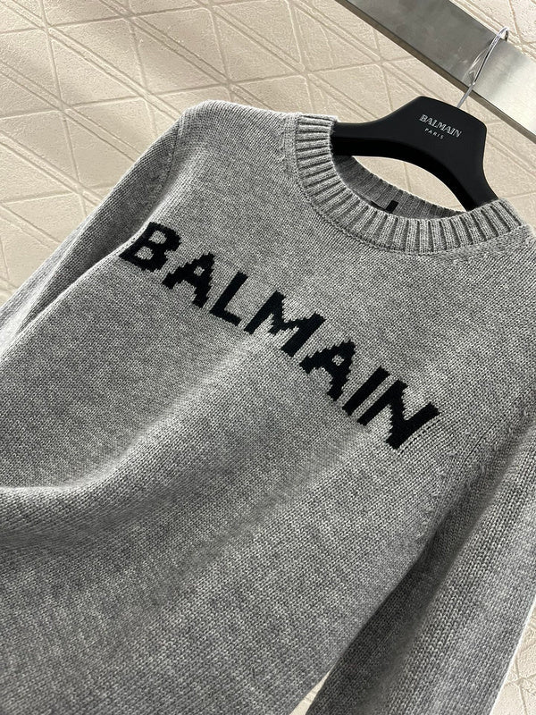 Balmain Grey Logo Knit Sweater