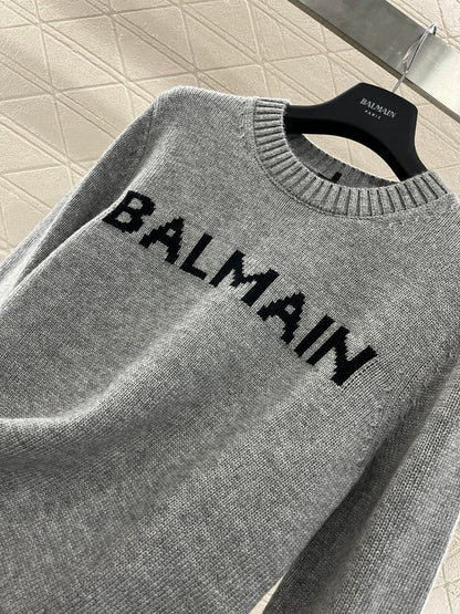 Balmain Grey Logo Knit Sweater