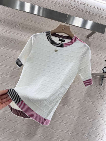 Chanel White Knit Top with Striped Collar & Cuffs