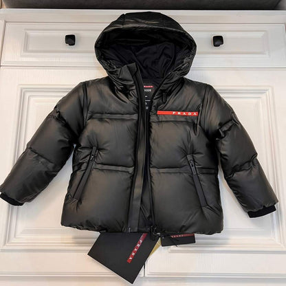 Prada Kids Black Puffer Jacket with Red Logo Strip
