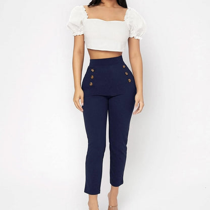 Retro Slim Fit Double Row Decoration Fake Button High Waisted Pants