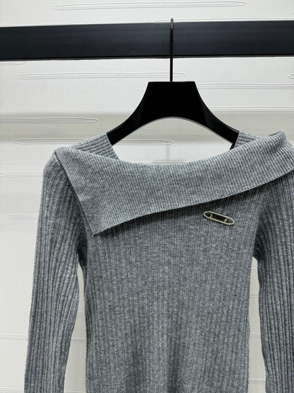 Versace Grey Ribbed Off-Shoulder Sweater with Safety Pin Detail