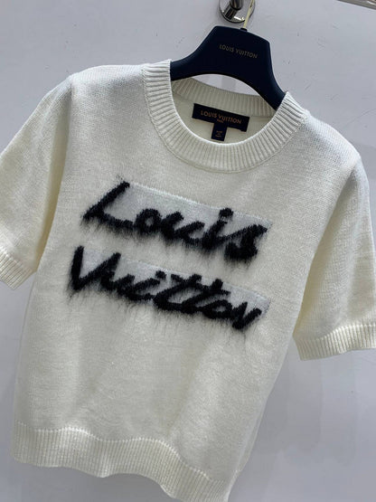 Louis Vuitton White Monogram Fuzzy Logo Knit T-Shirt