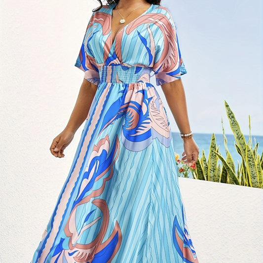 V-neck Waist Cinched Pleated Printed Dress
