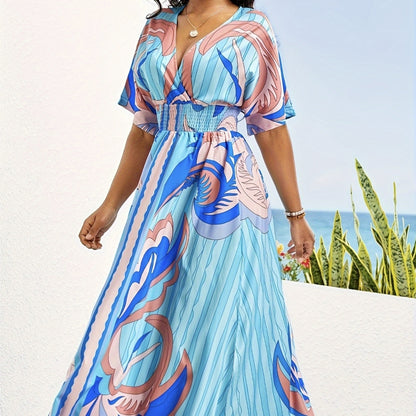 V-neck Waist Cinched Pleated Printed Dress