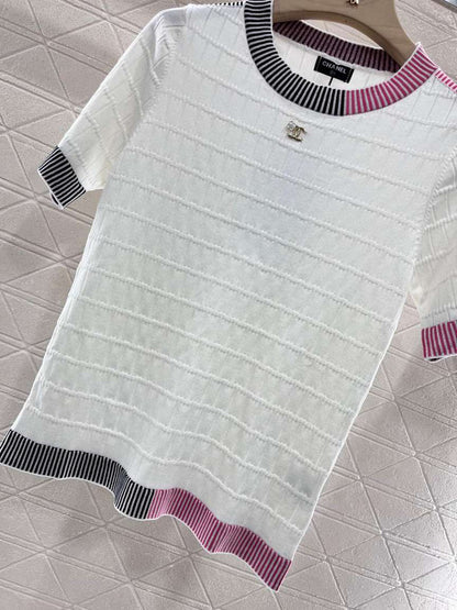 Chanel White Knit Top with Striped Collar & Cuffs