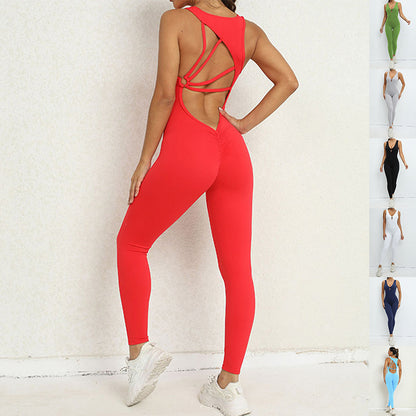 Yoga Jumpsuit V-shaped Back Design Sleeveless Fitness Tights Pants For Womens