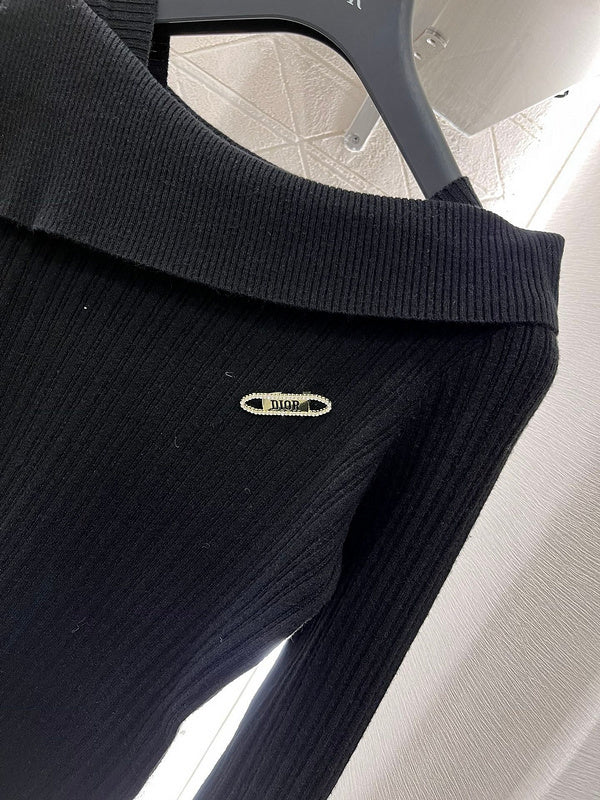 Dior Ribbed Knit Off-Shoulder Sweater – Black