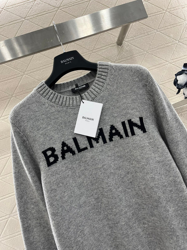 Balmain Grey Logo Knit Sweater