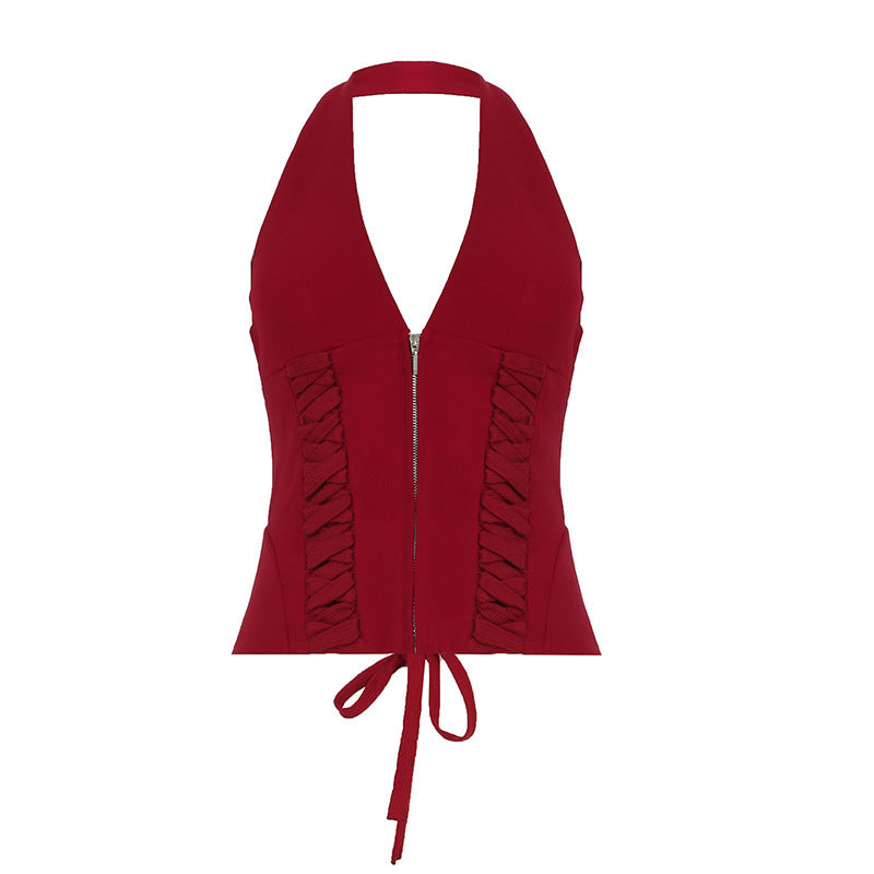 Lace-up Hot Girl Halterneck Vest Deep Sexy Short Top