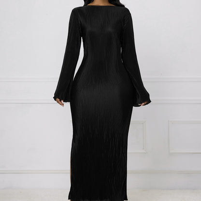 Autumn And Winter Flared Slit Elegant Long Sleeved Dress