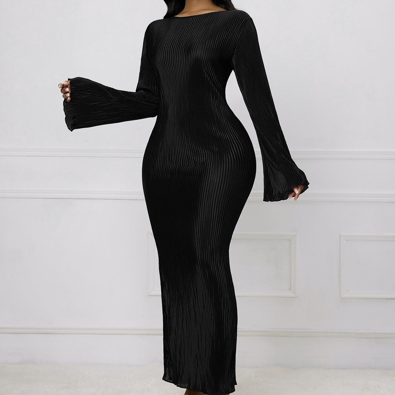 Autumn And Winter Flared Slit Elegant Long Sleeved Dress
