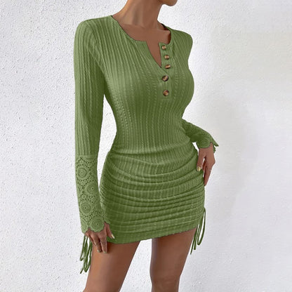 Elegant Bodycon Dress Long Sleeve Lace Cuff & Drawstring Hem Holiday Dress
